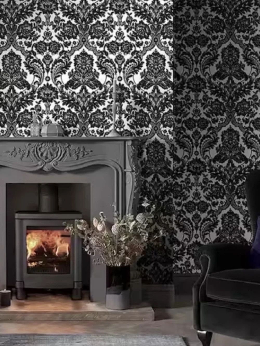 Gothic Damask Black & Silver Flock Wallpaper Graham & Brown, Retails $220